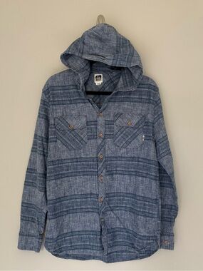 Reef Mens Hooded Button Down Shirt Blue Plaid Cotton Linen Coastal Surf L